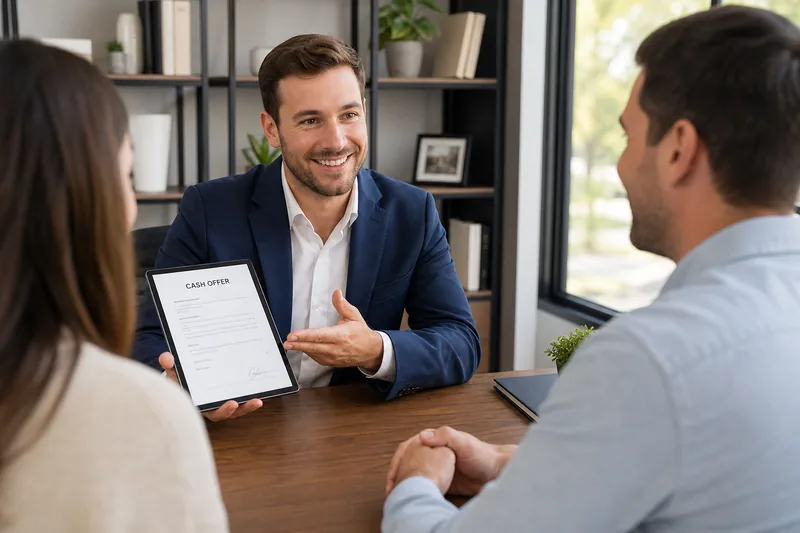 Woman reviewing cash offer on tablet