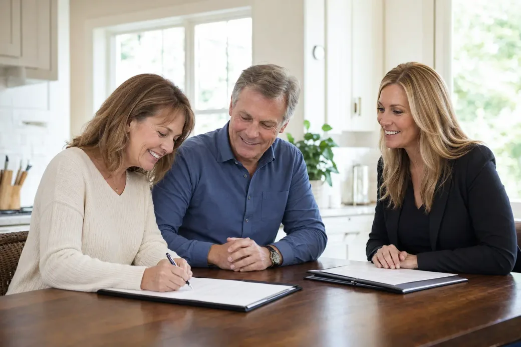 Couple signing home sale paperwork with relief